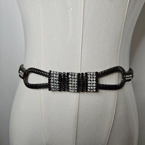 Luxury Dressy OS Black & Silver Crystal Rhinestone Beaded Chain Rope Belt - Picture 1 of 11